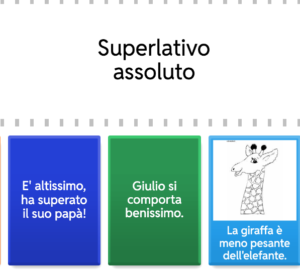 Esercizio grammaticale interattivo di wordwall sul riconoscimento dei gradi dell'aggettivo qualificativo per la classe quarta scuola primaria
