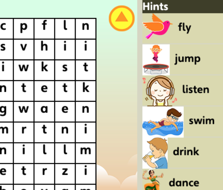 esercizio interattivo per la scuola primaria per lo studio della lingua inglese. action verbs crucipuzzle