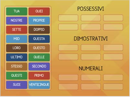 esercizio interattivo di analisi grammaticale per la scuola primaria aggettivi e pronomi possessivi, dimostrativi, indefiniti, numerali